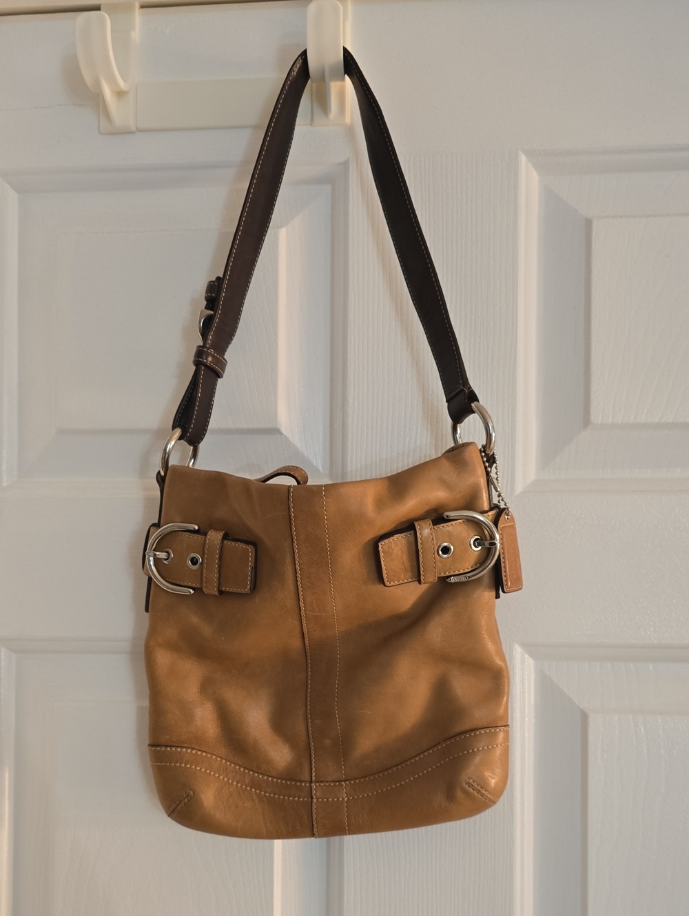 Small Coach Soho Tan Leather Shoulder Bag with Buckle Accents